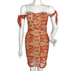 LINE & DOT Dress, XS, Nude Mesh/Red Embroidery, Off-shoulder Ties, Sheer